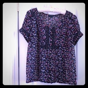 Cottagecore‎ L Blue Floral Cap Sleeve Sheer Top